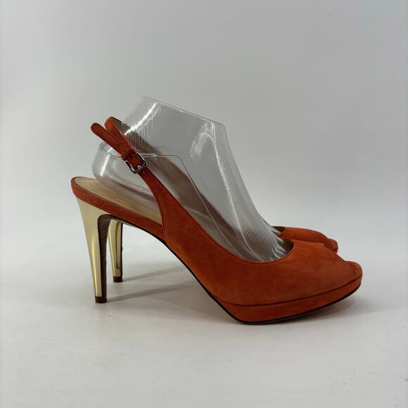 Cole Haan Sz 10.5 Peep Hole Suede Orange Gold Heel Sling Back - Picture 2 of 13